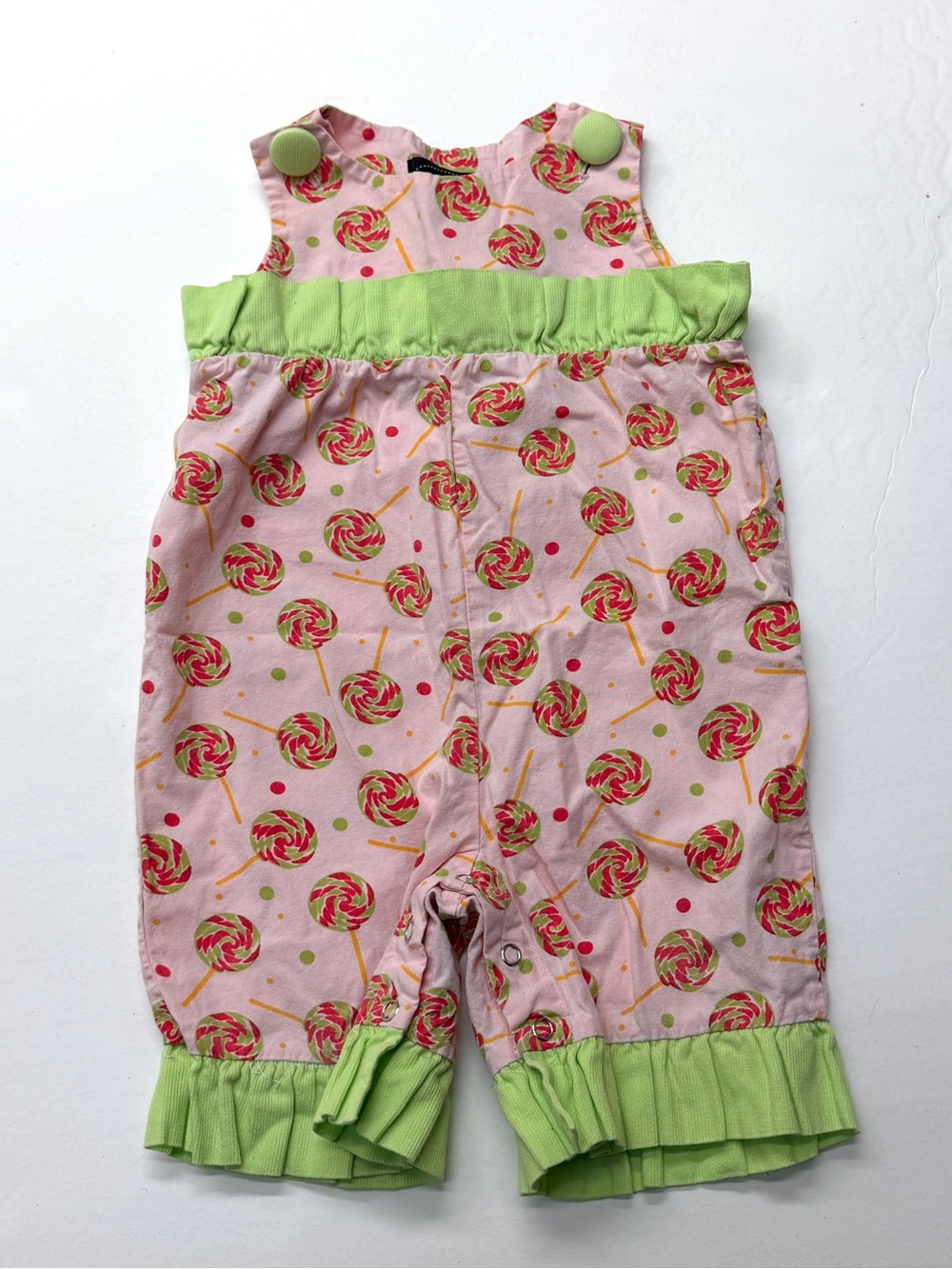Rosie Posie Pink Lollipop Candy Print Romper with Lime Trim Boutique